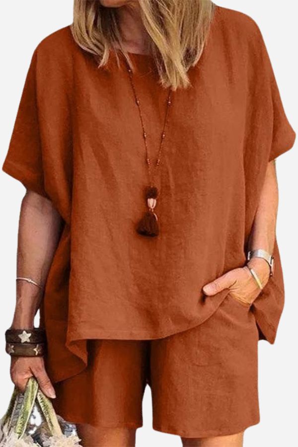Bequemes Leinen-Ähnliches Hemd & Shorts Zweiteiliges Set