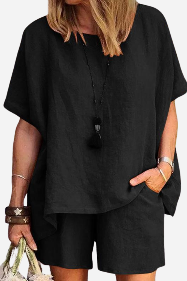 Bequemes Leinen-Ähnliches Hemd & Shorts Zweiteiliges Set
